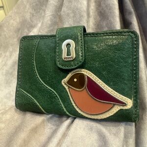 Fossil Green Leather Wallet with Pink & Tan Bird Applique